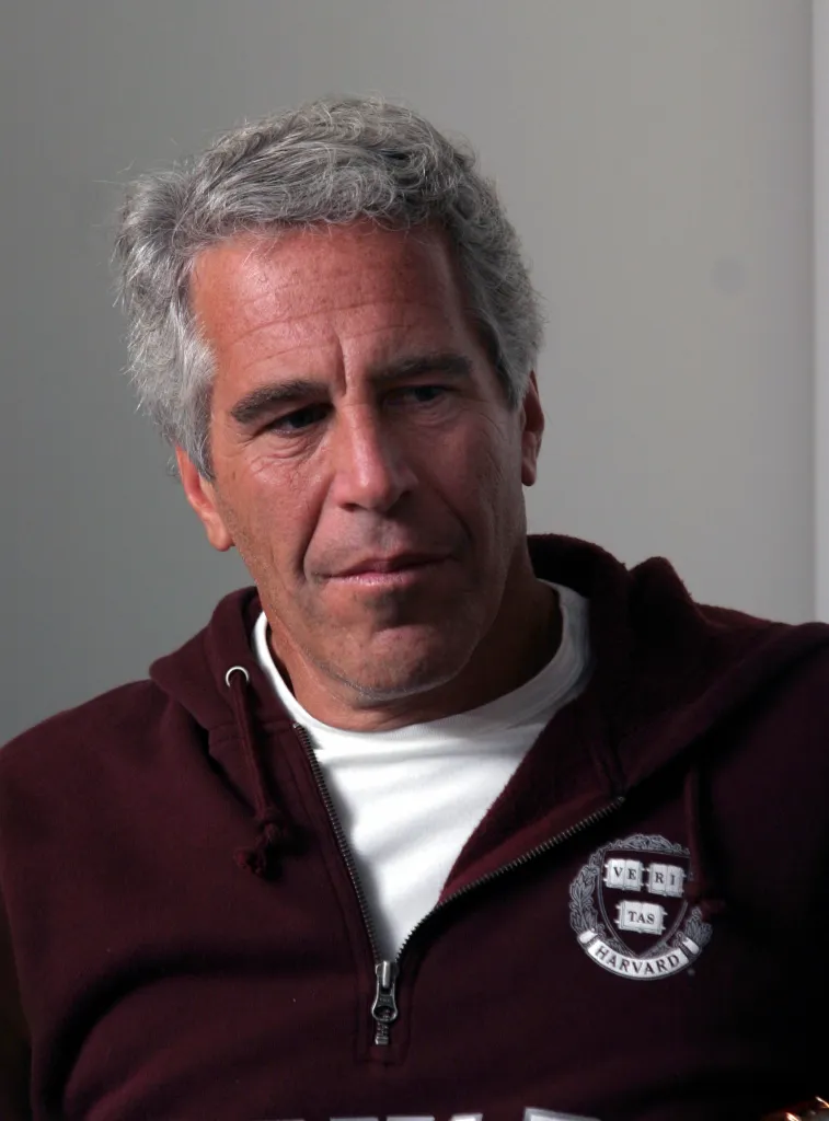Jeffrey Epstein in a maroon Harvard University hoodie.