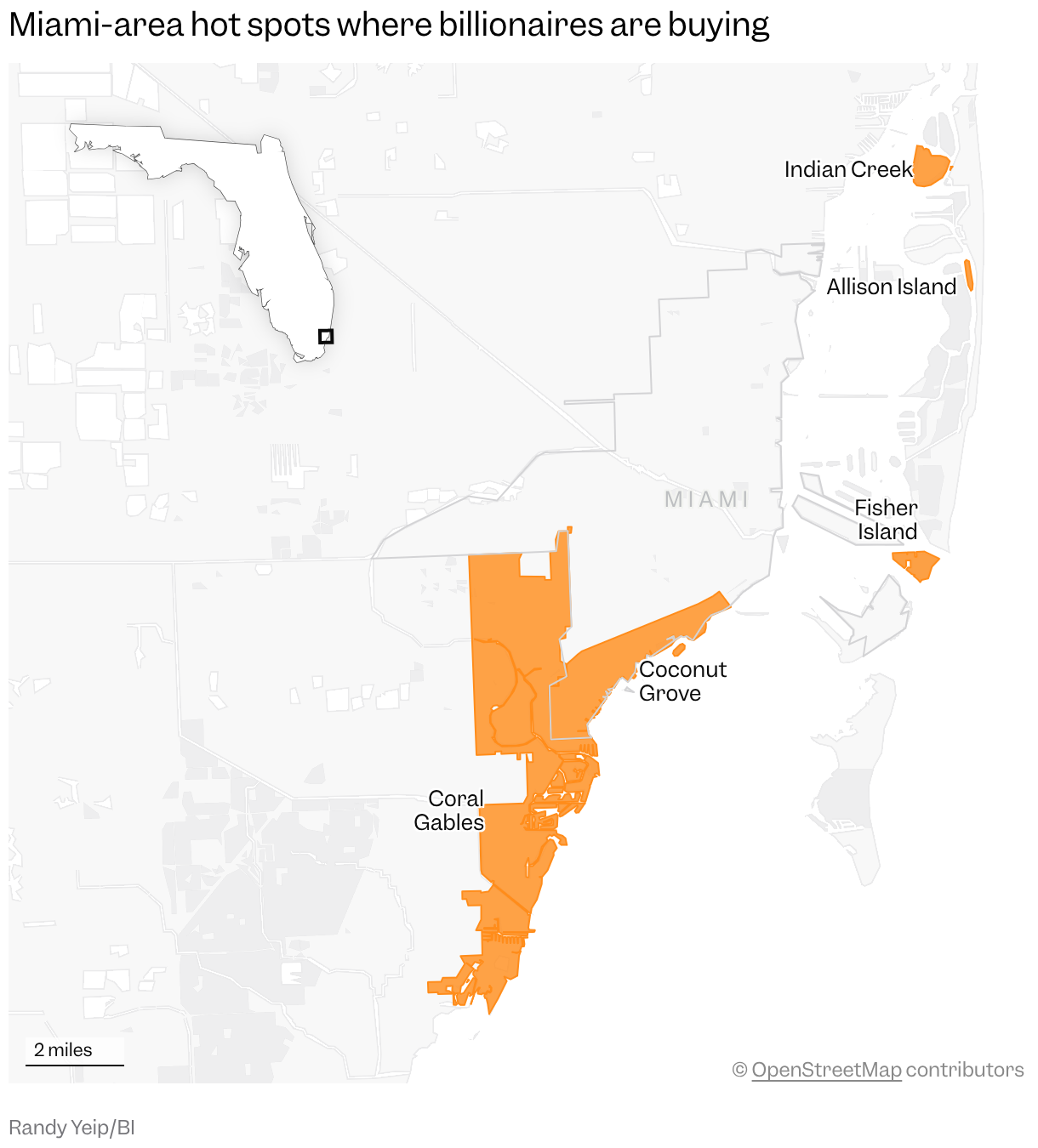 Map showing popular areas around Miami where billionaires are purchasing homes, including Indian Creek, Allison Island, Fisher Island, Coconut Grove, and Coral Gables.