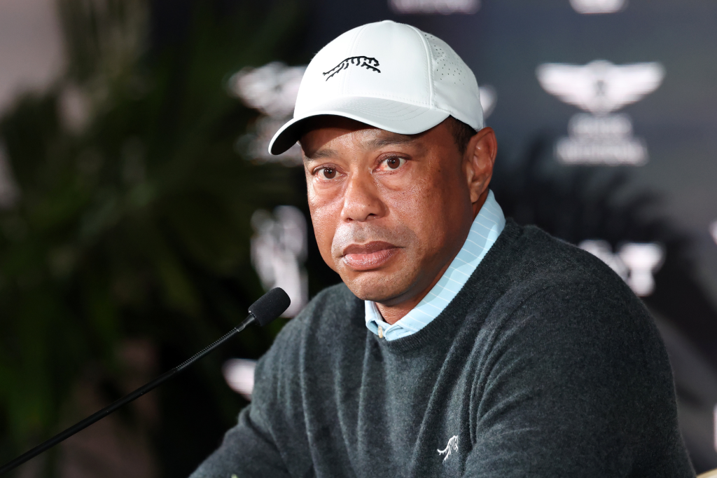 Tiger Woods at a press conference.