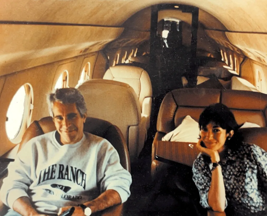 Jeffrey Epstein and Ghislaine Maxwell sit inside a private plane.