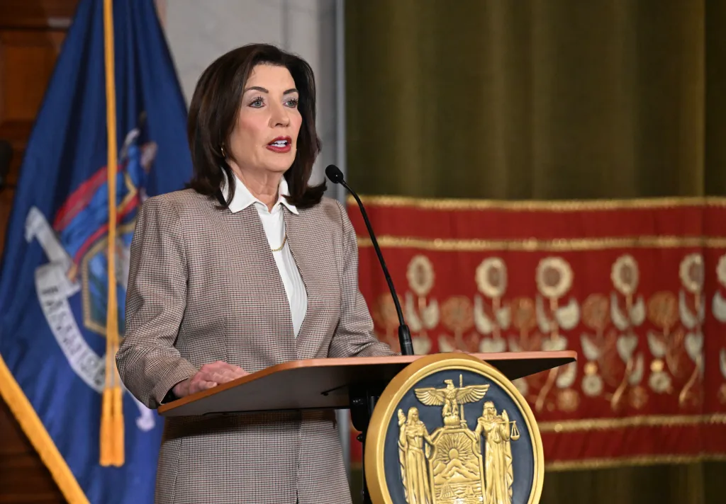 Gov. Kathy Hochul comments on her meeting with White House border czar Tom Homan during a news conference in the Red Room at the New York state Capitol Friday, March 6, 2026 in Albany, N.Y. 