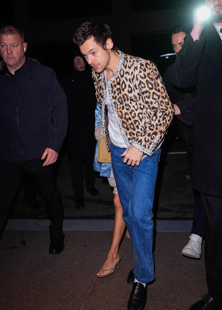 Harry Styles in a leopard print jacket and blue jeans, surrounded by others, on a street at night.