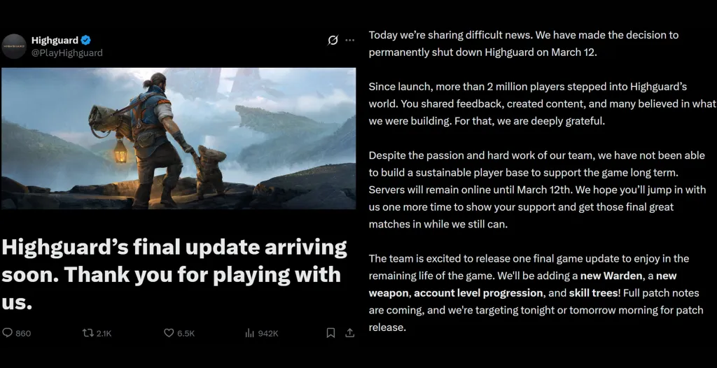 Highguard Shut Down Announcement