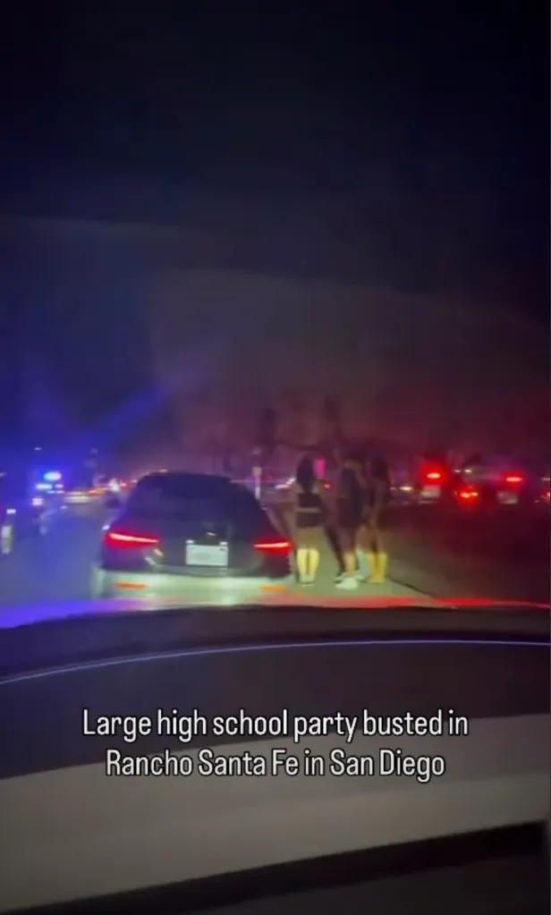 A car with flashing police lights behind it, and a group of people standing in the road.