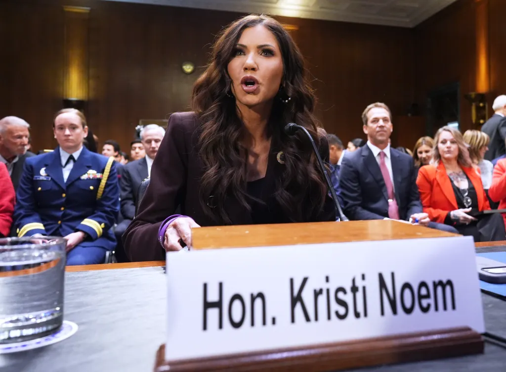 Homeland Security Secretary Kristi Noem speaks during an hearing with the Senate Judiciary Committee on March 3, 2026. 