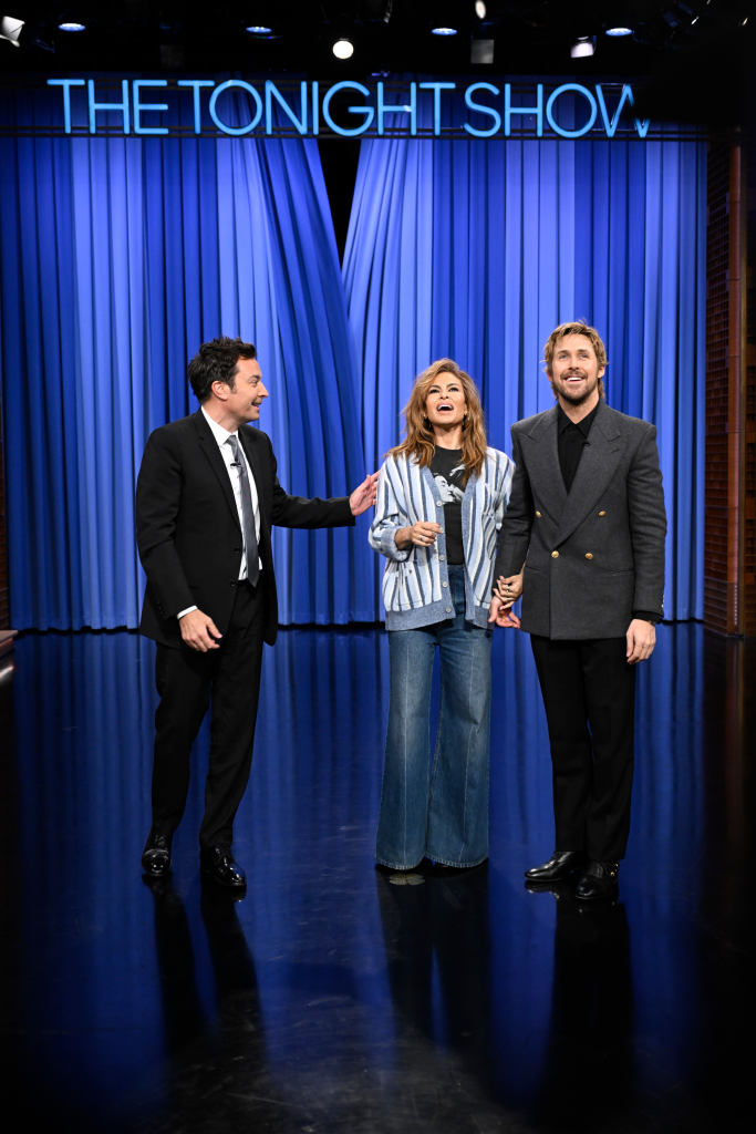 Host Jimmy Fallon, actress Eva Mendes, and actor Ryan Gosling on the set of The Tonight Show Starring Jimmy Fallon.