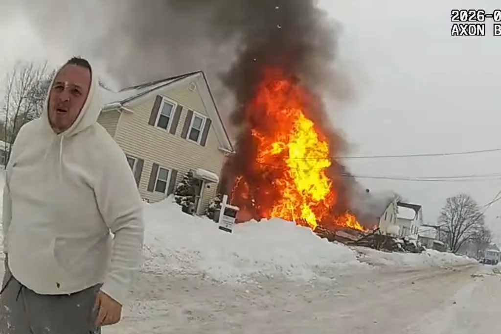 Bodycam footage of a house explosion in Taunton, Massachusetts.