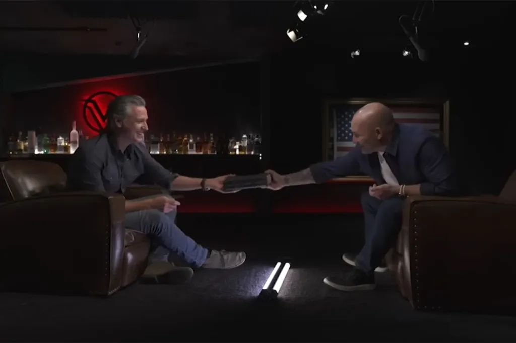 Gavin Newsom being gifted a pistol on the Shawn Ryan podcast.