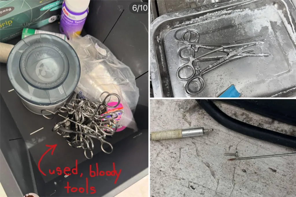 Collage of images showing unsanitary conditions, including a pile of used, bloody tools, dirty instruments in a tray, and a used tattoo needle.