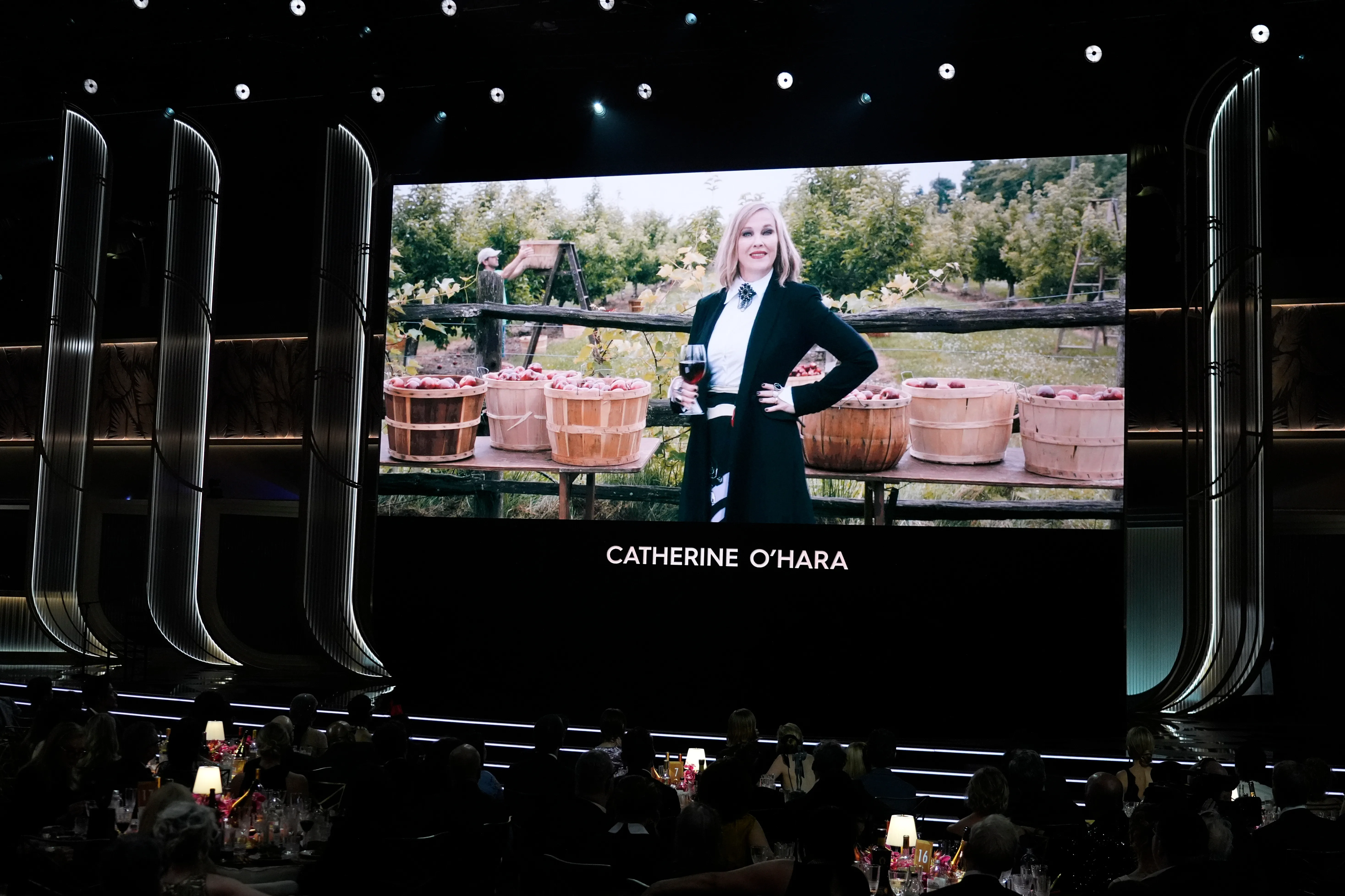 Catherine O'Hara pictured on screen during the In Memoriam segment at the SAG Awards.