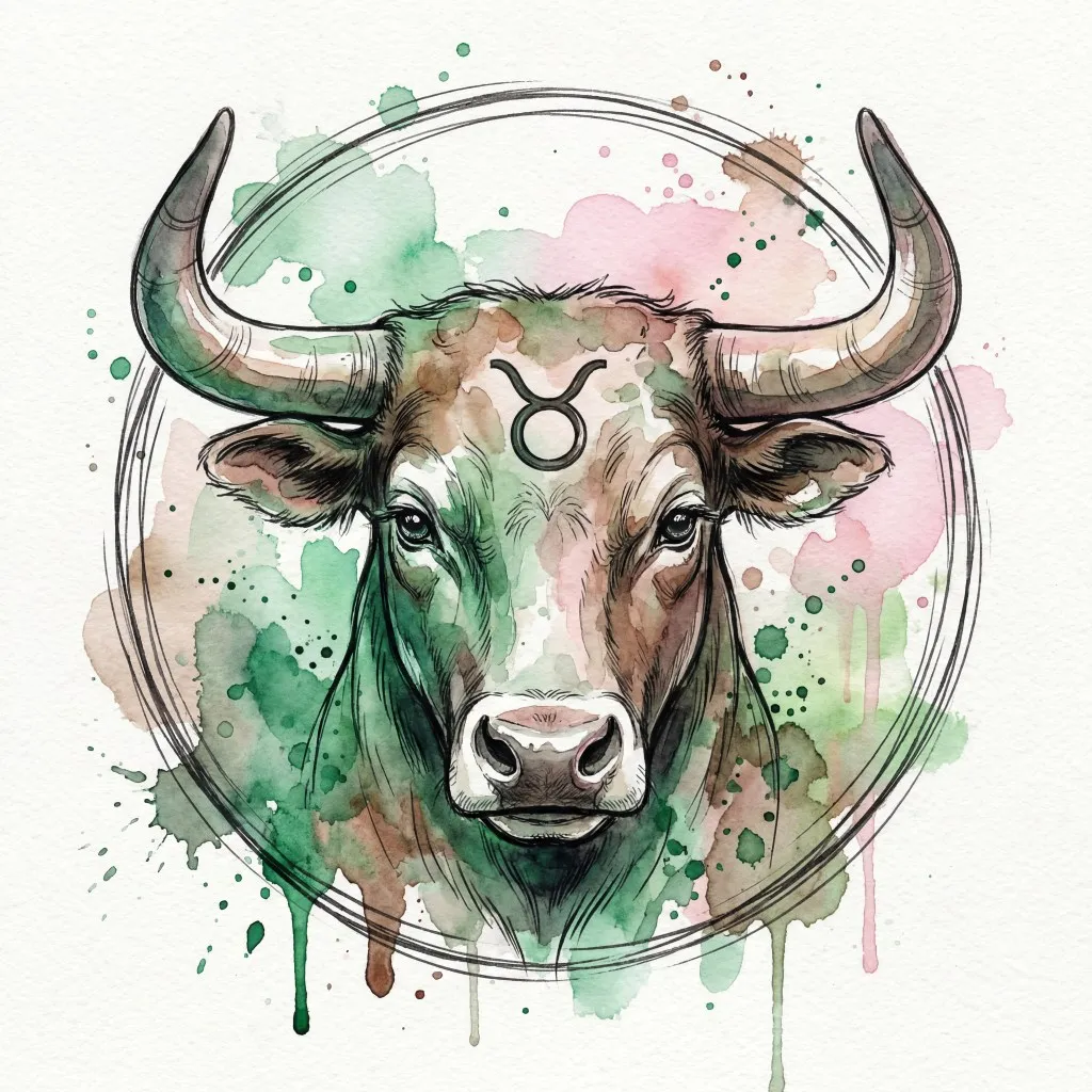 Taurus Zodiac Illustration in Watercolor and ink wash style. Wet-on-wet technique with soft blends, artistic splatters, and drips. For astrology posters, horoscopes, calendars, tarot.