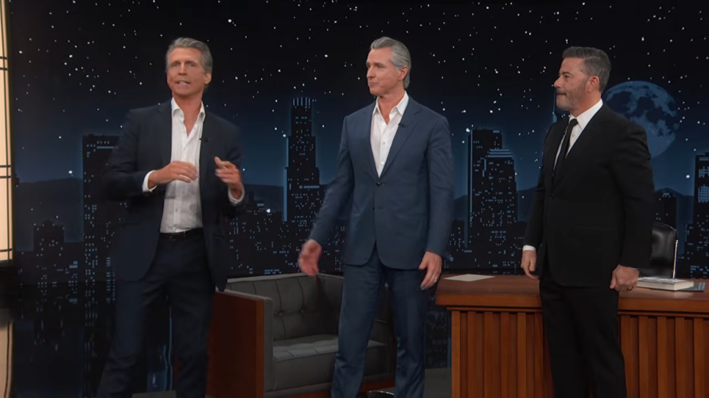 Jimmy Kimmel and California Gov. Gavin Newsom with Seth Meyers impersonating Newsom during 