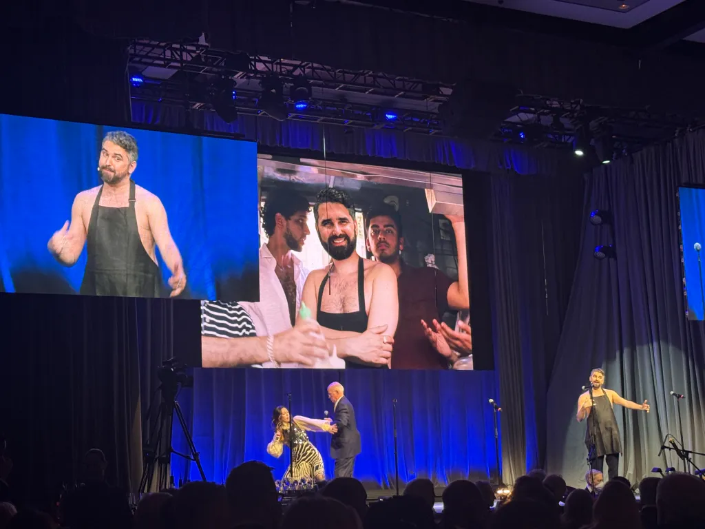 Jeff Coltin, dressed as Mayor Zohran Mamdani, performs during the Inner Circle’s 2026 dinner at the Ziegfeld Theater in New York.