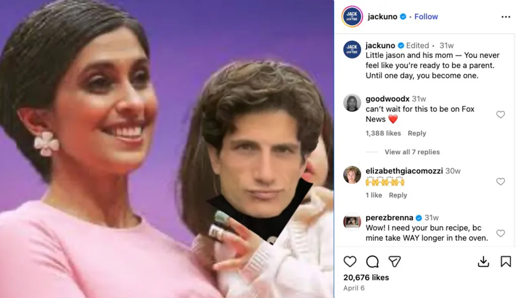 Collage of Jack Schlossberg's face edited onto a baby held by a woman, with an Instagram post text.