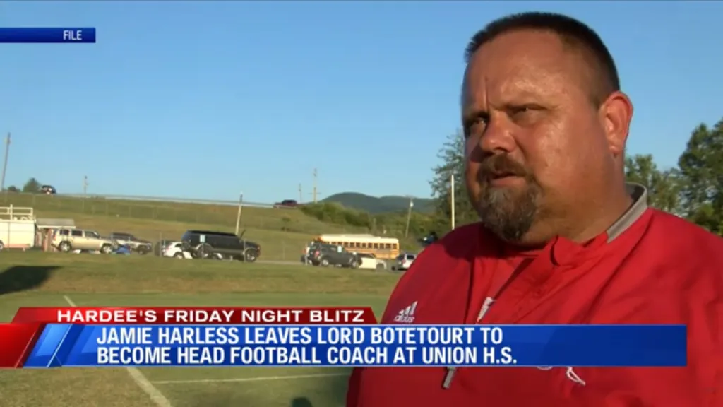 Jamie Harless, the new head football coach at Union H.S., standing on a football field.