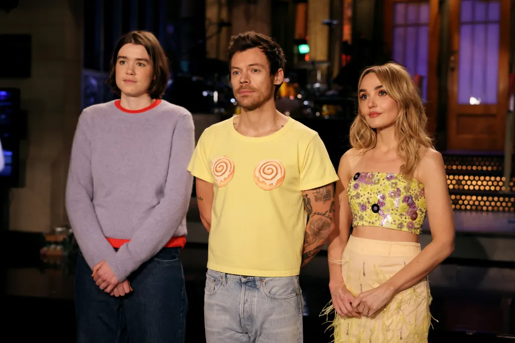 Jane Wickline, Harry Styles, and Chloe Fineman during promos for Saturday Night Live.