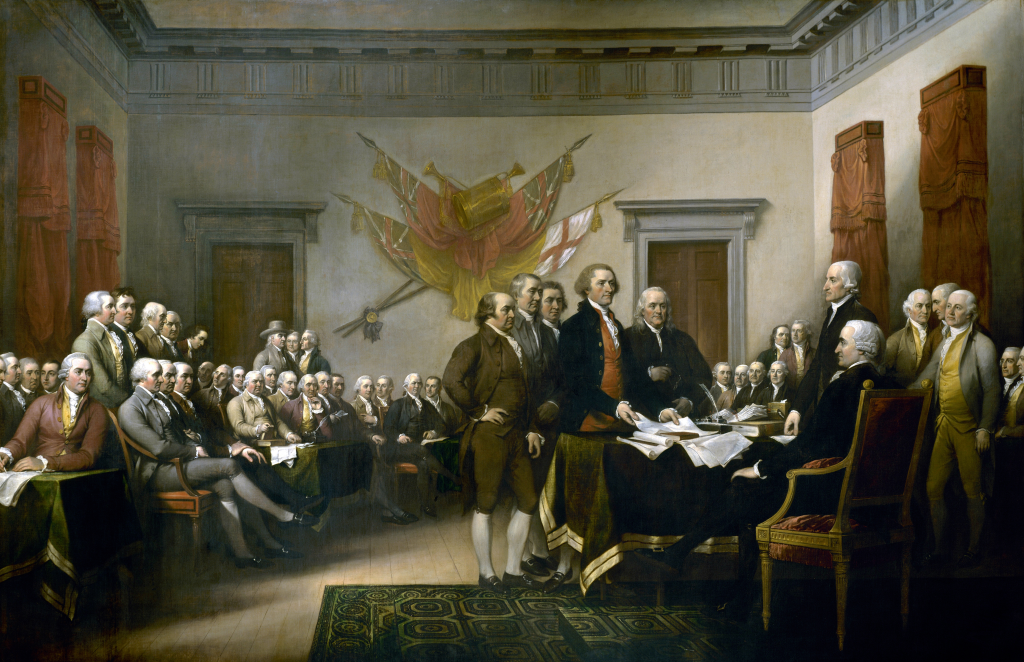 Illustration of the drafting committee of the Declaration of Independence presenting their work to the Congress.