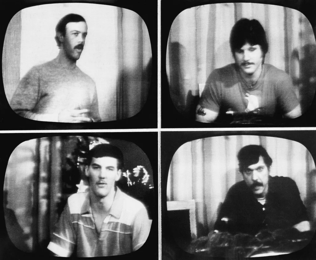Collage of four TV screen images showing American hostages Joseph Hall, Paul Lewis, Phillip Ward, and Kevin Hermening.