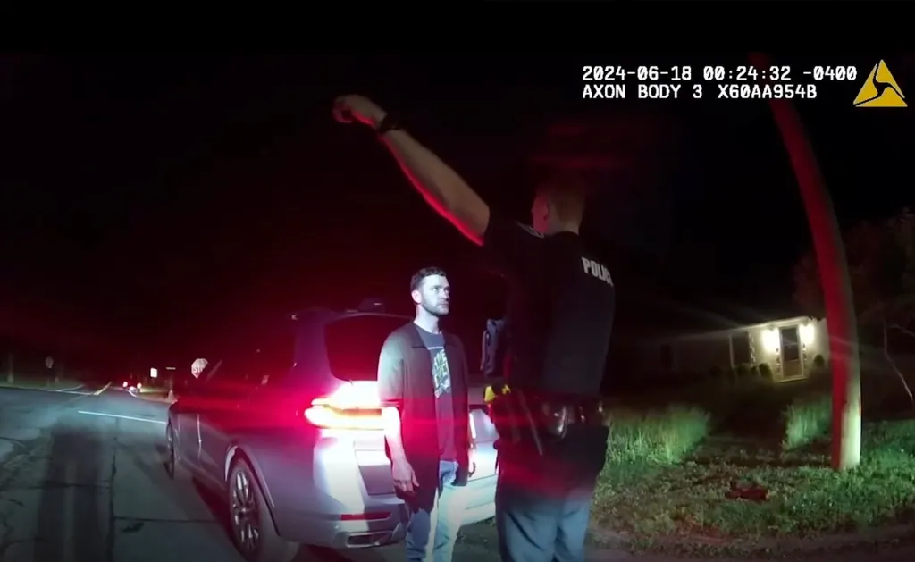Bodycam footage of Justin Timberlake during a DWI arrest.