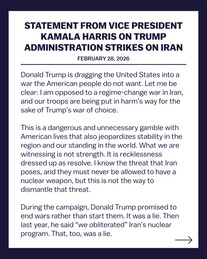 Statement from Vice President Kamala Harris on Trump administration strikes on Iran.