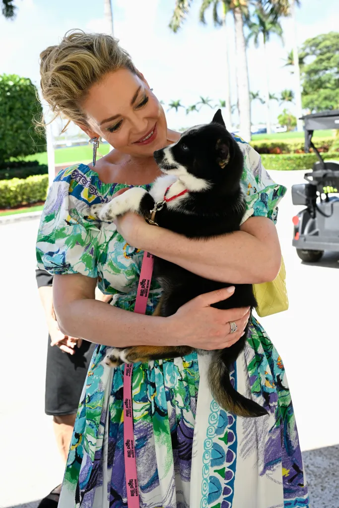Katherine Heigl holding a black and white puppy at the Wine, Women & Shoes Event benefiting Big Dog Ranch Rescue.