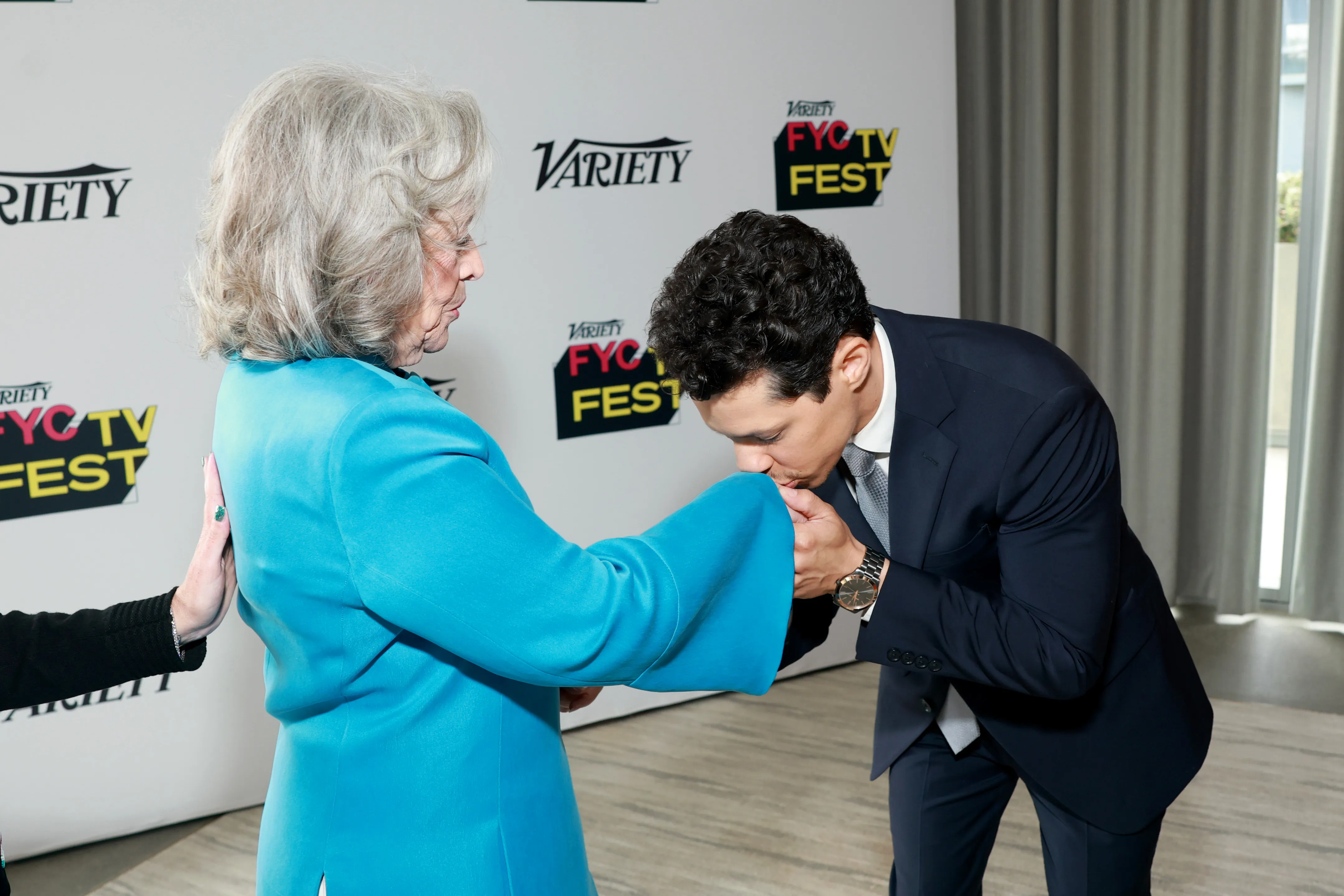 David Del Rio kisses Kathy Bates's hand at Variety's FYC TV Fest.