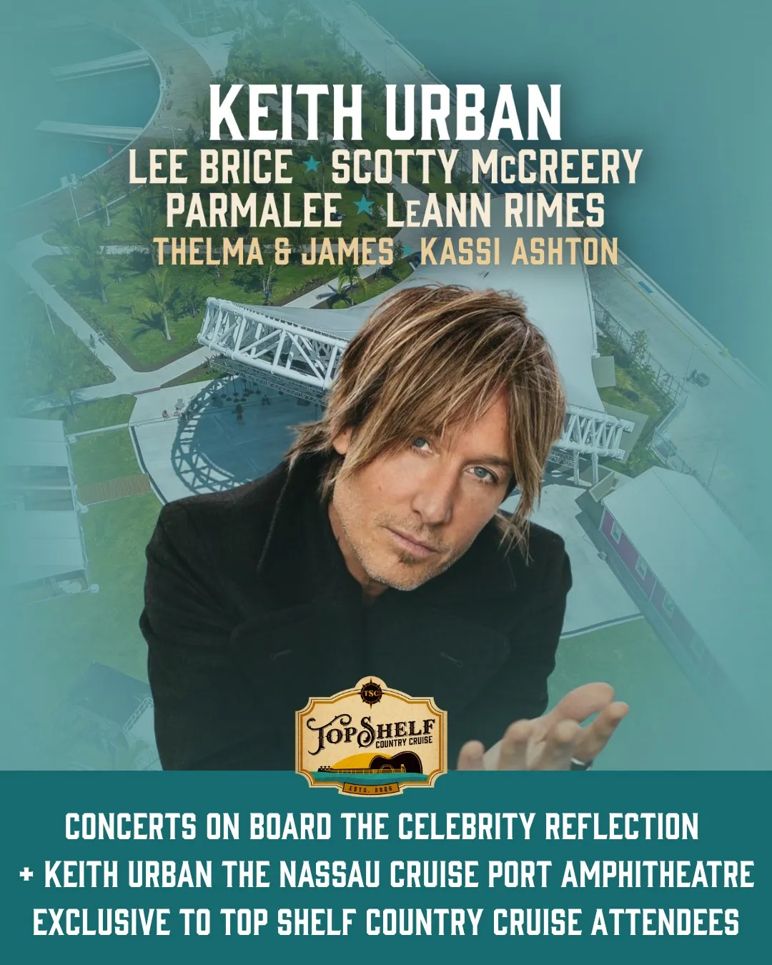 Concert poster for the Keith Urban Top Shelf Country Cruise with a list of other performers.