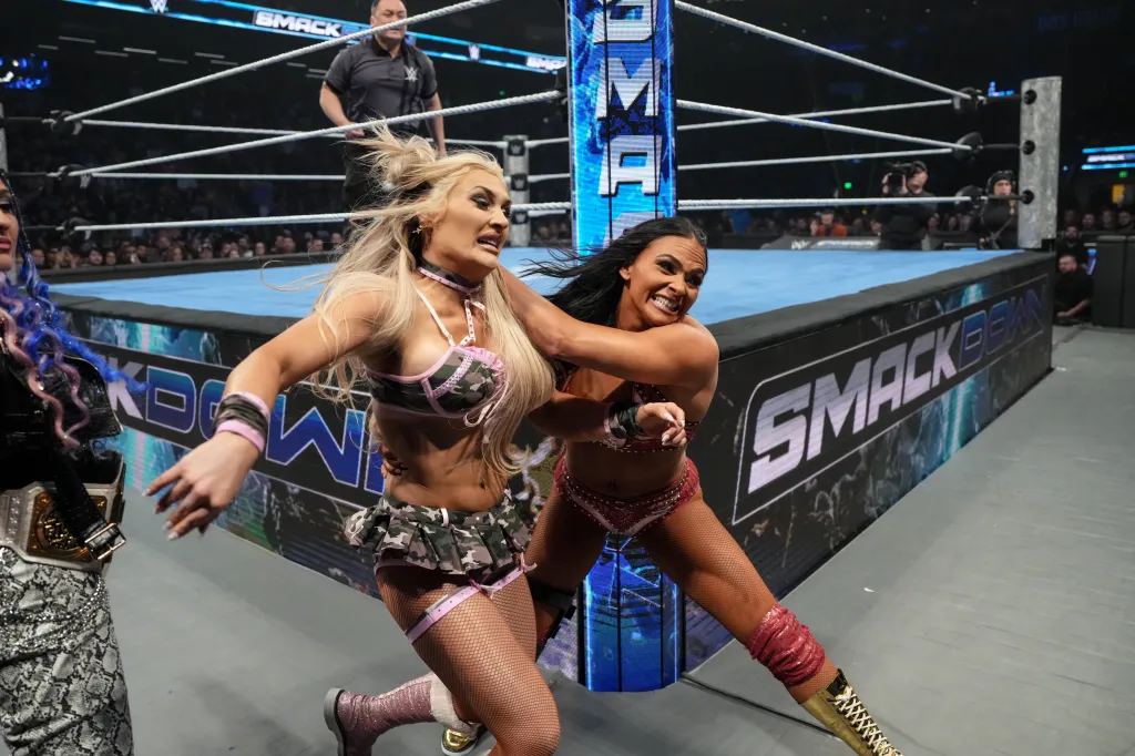Kiana James and Tiffany Stratton in action during a SmackDown match.