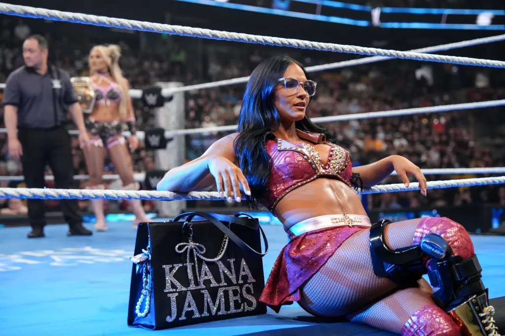 Kiana James enters the ring during SmackDown at Mullett Arena on October 24, 2025 in Tempe, Arizona.