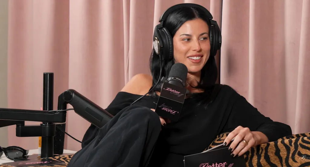 Victoria Villarroel recording a podcast.