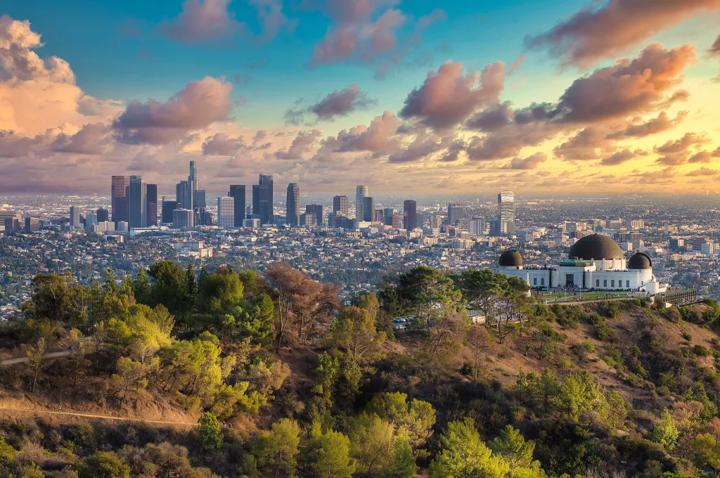 High angle view of Los Angeles skyline from Griffith Park at sunset.