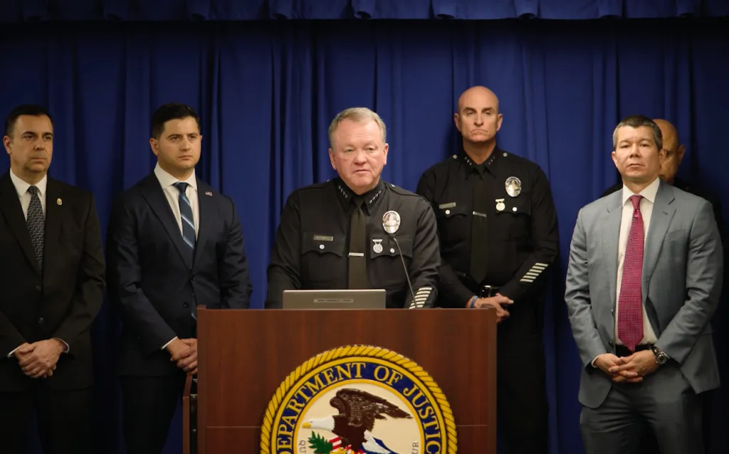 LAPD Chief Jim McDonnell speaking at a news conference.