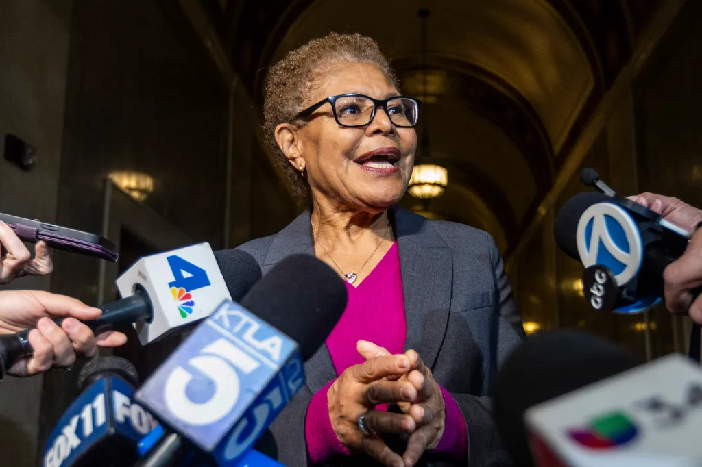 Los Angeles Mayor Karen Bass speaks to reporters