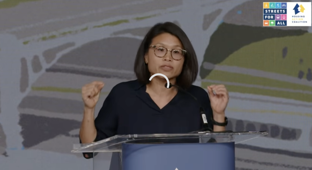 Rae Huang speaking at the Los Angeles Mayoral debate.