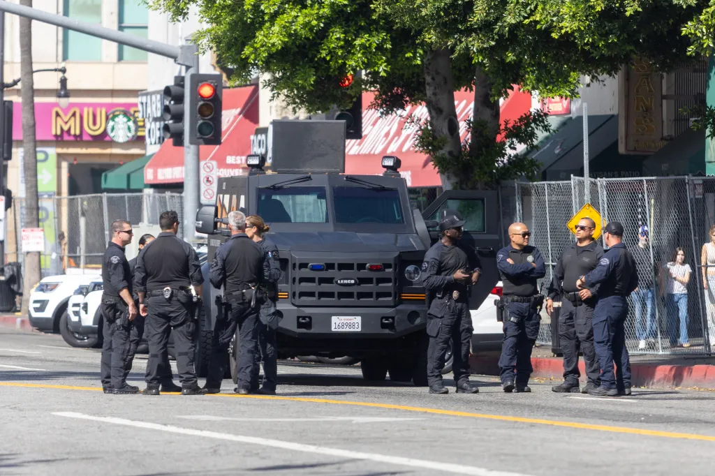 A Los Angeles Police Department SWAT unit outside the Dolby Theatre for the 98th Academy Awards.