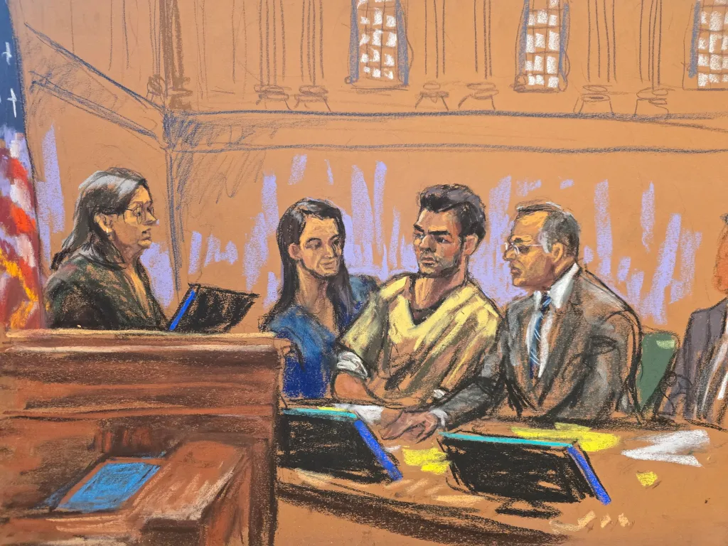 Illustration of Luigi Mangione and his defense attorneys in federal court for murder charges.