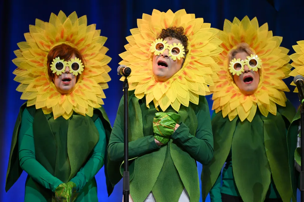 Magee Hickey (left), Polly Kreisman (center) and Alice Stockton-Rossini perform during the Inner Circle’s 2026 dress rehearsal at the Ziegfeld Theater in New York.