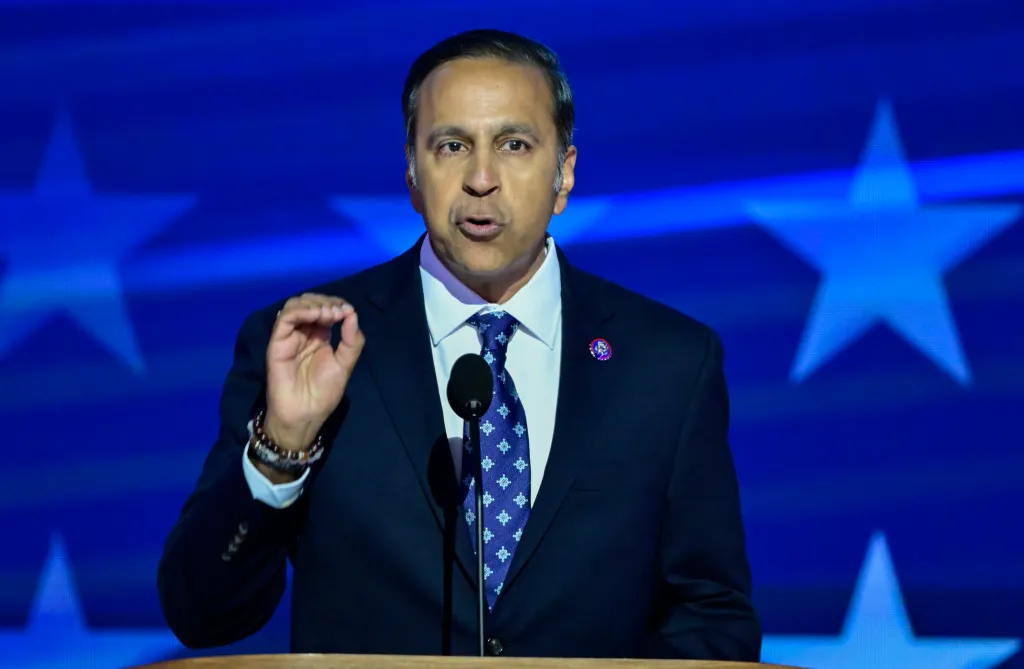 United States Representative Val Krishnamoorthi speaking at the 2024 Democratic National Convention.
