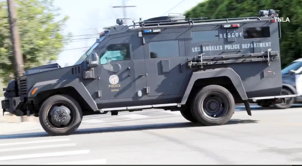 An armored LAPD rescue vehicle on the street.