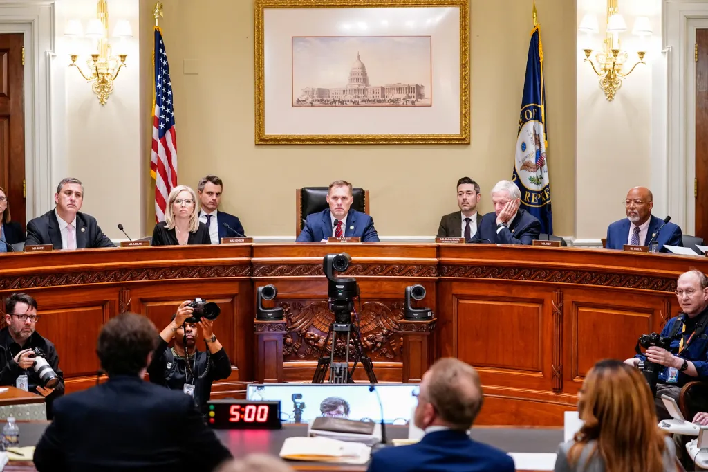 A House Ethics Committee hearing with Representatives Nathaniel Moran, Ashley Hinson, Michael Guest, Mark DeSaulnier, and Glenn Ivey, with Representative Sheila Cherfilus-McCormick present.