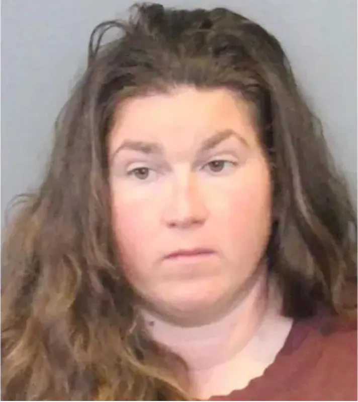 Mugshot of Aimee Cotton with long brown hair, wearing a brown shirt, and looking to the left.