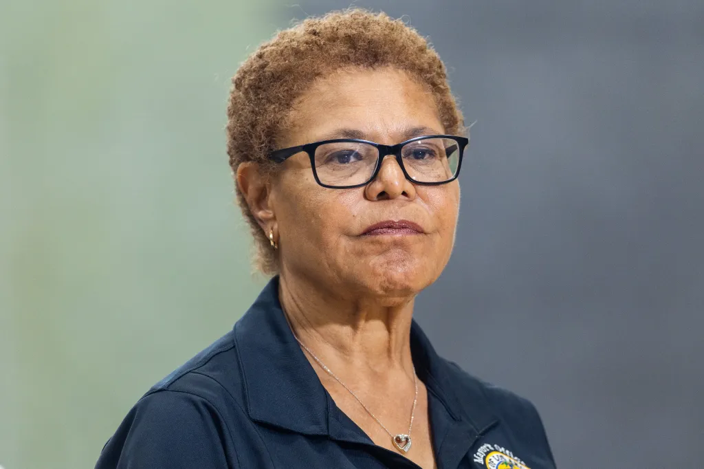 Mayor Karen Bass speaking at a press conference.