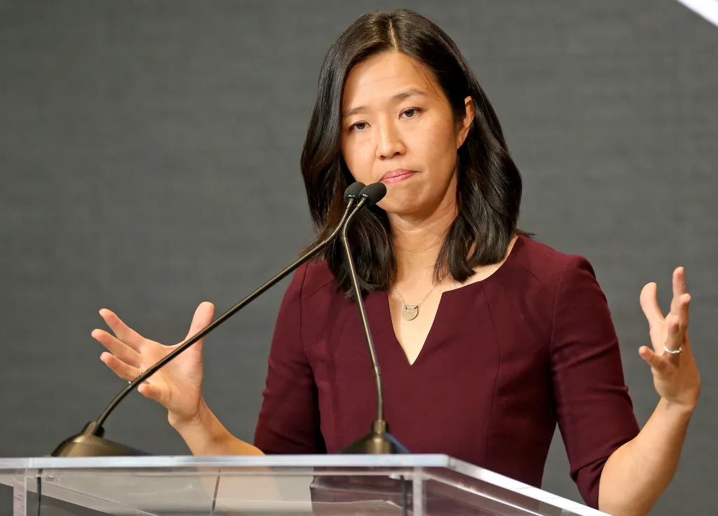 Mayor Michelle Wu speaks at a podium.