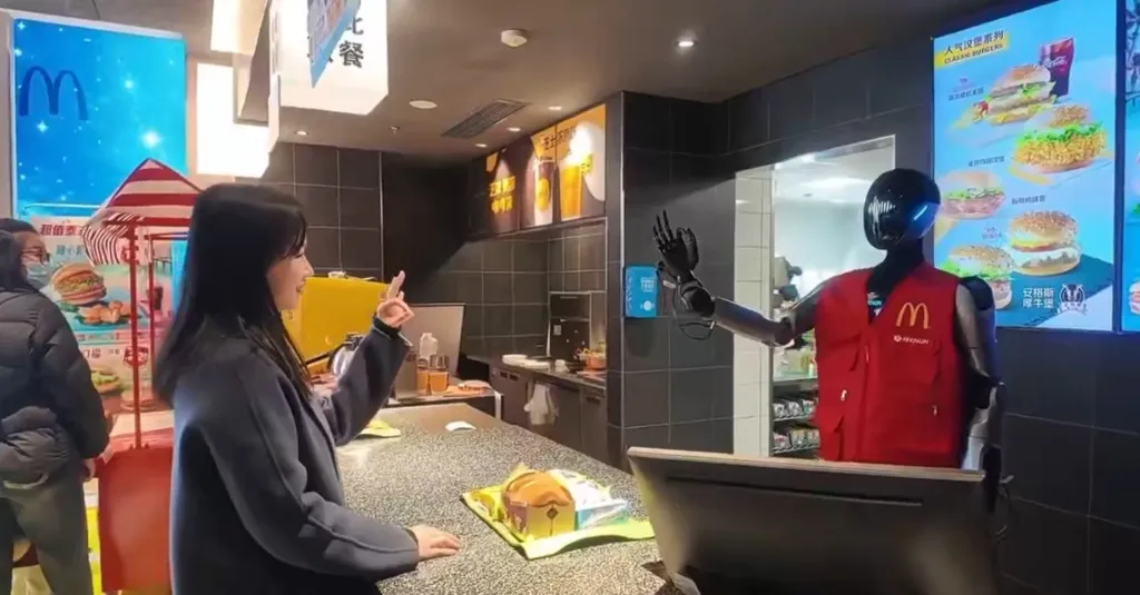 A woman interacting with a humanoid robot wearing a McDonald's vest at a counter.