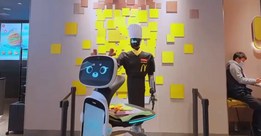 Two humanoid robots in a McDonald's restaurant.