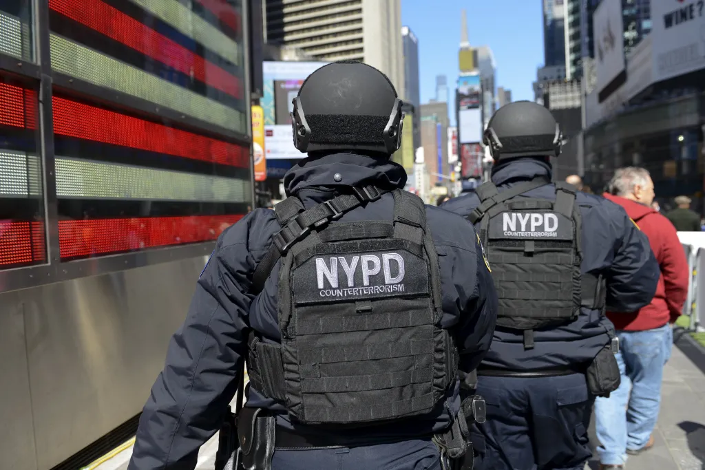 Members of the NYPD Joint Terrorism Task Force patrol in Times Square.