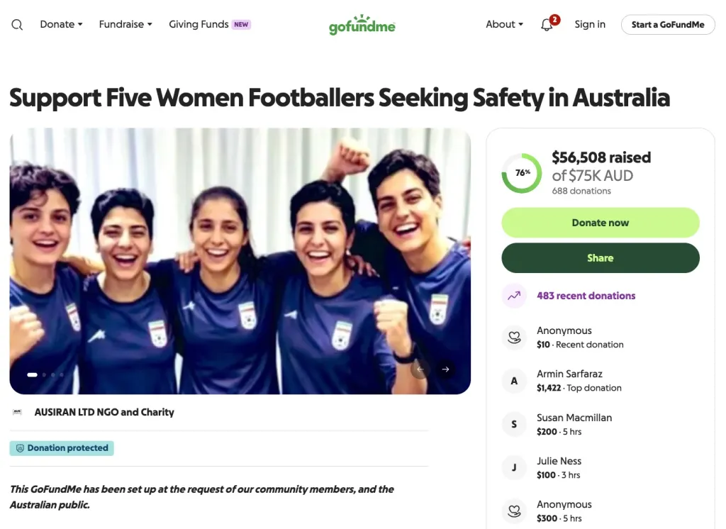 Screenshot of a GoFundMe page for five women football players seeking safety in Australia, showing them smiling and celebrating.