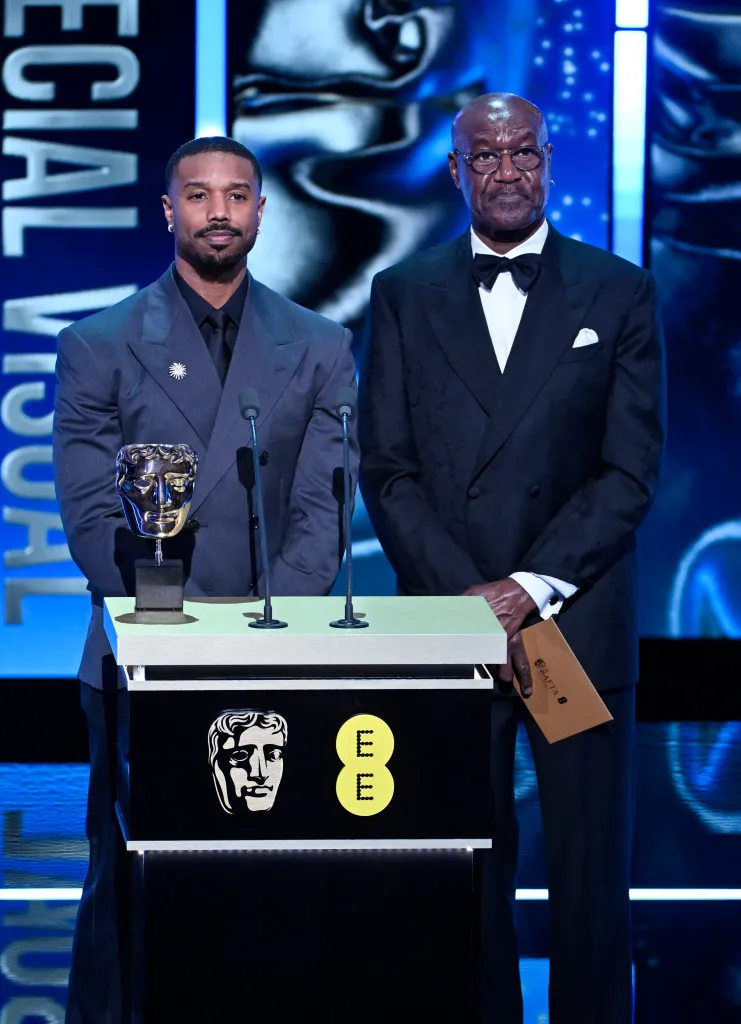 Michael B. Jordan and Delroy Lindo presenting the Special Visual Effects Award at the EE BAFTA Film Awards 2026.