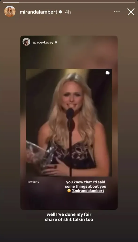 Miranda Lambert's Instagram story reposting Spacey Kacey's Instagram story of Miranda Lambert accepting an award and smiling at a microphone.