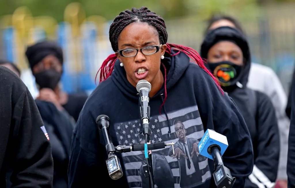 Monica Cannon-Grant speaks during a Black Lives Matter rally in front of Boston Police Headquarters on September 22, 2020 in Boston
